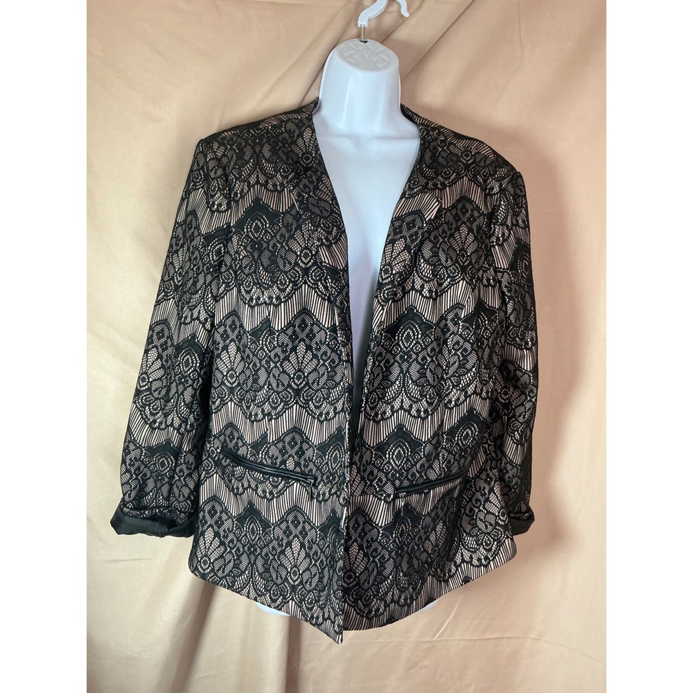 CJ Banks Lace Blazer Womens XL Black Tan Excellent Open Front Faux Leather Trim